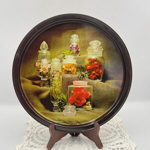 Vintage Round Metal Serving Tray Botanical Apothecary Flower Jars Still Life 11"